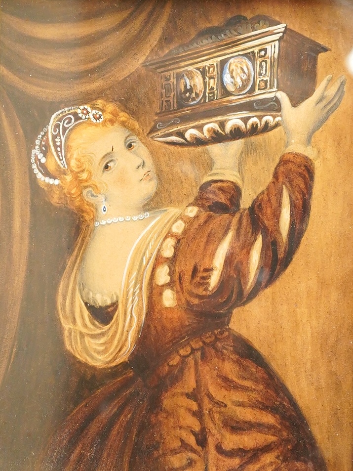 After Titian, 19th century School, Portrait miniature of Titians Daughter, watercolour on card, framed, 14 x 10cm